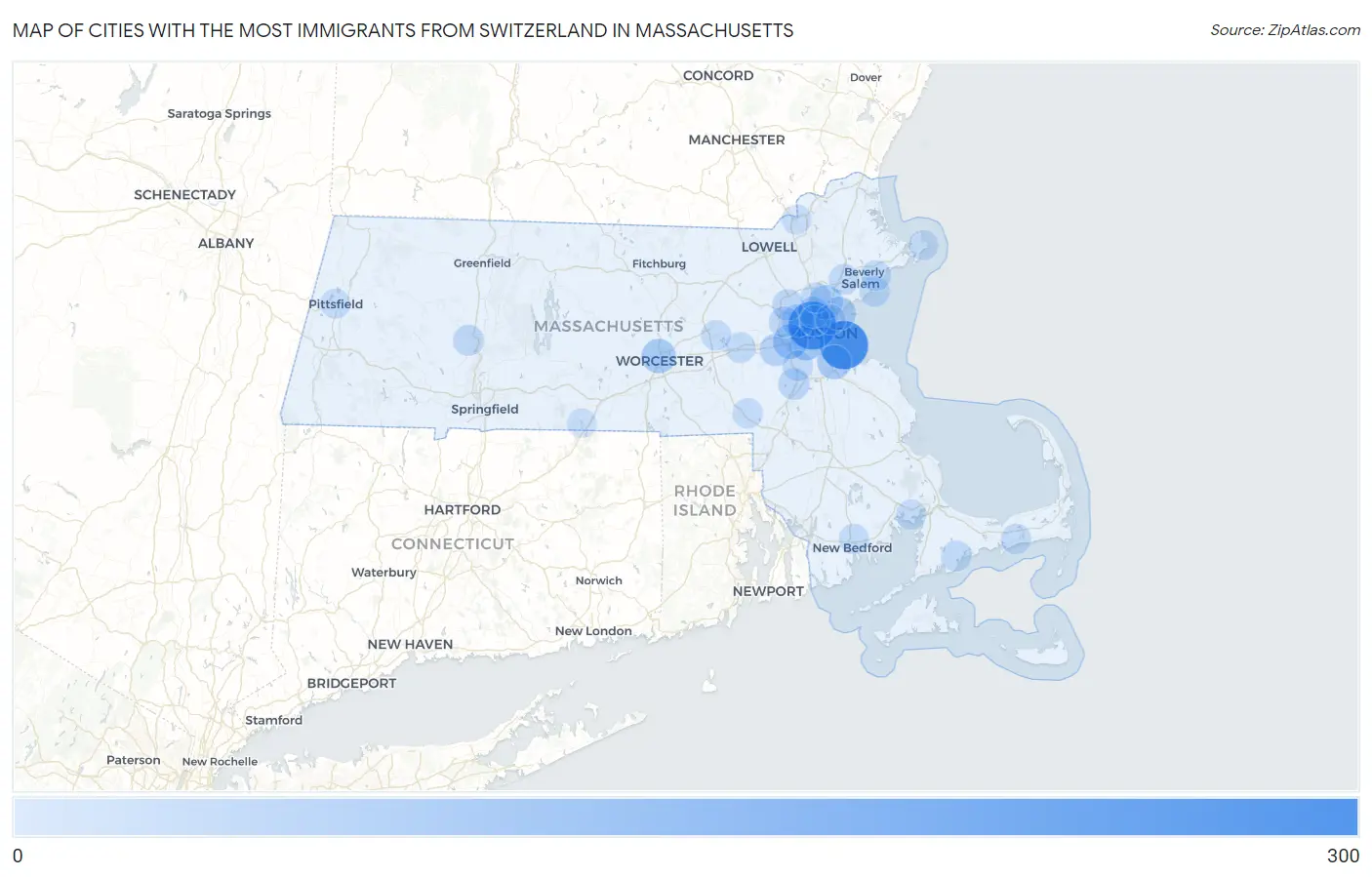 Cities with the Most Immigrants from Switzerland in Massachusetts Map