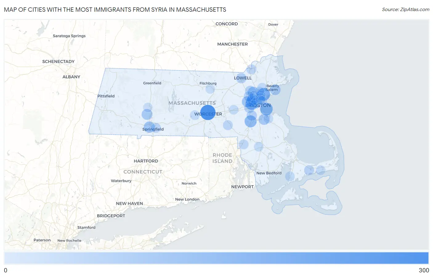 Cities with the Most Immigrants from Syria in Massachusetts Map
