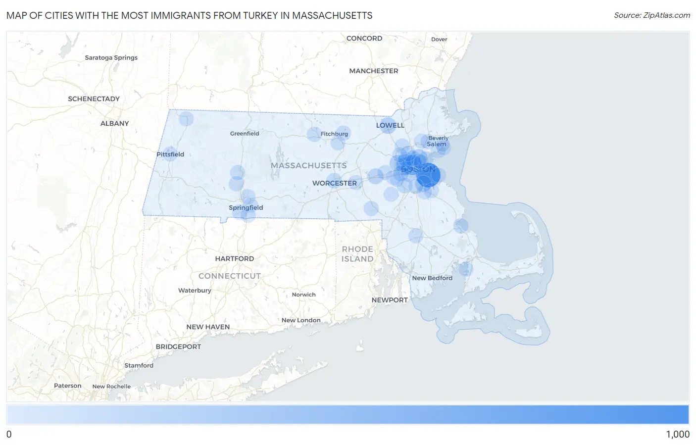 Cities with the Most Immigrants from Turkey in Massachusetts Map