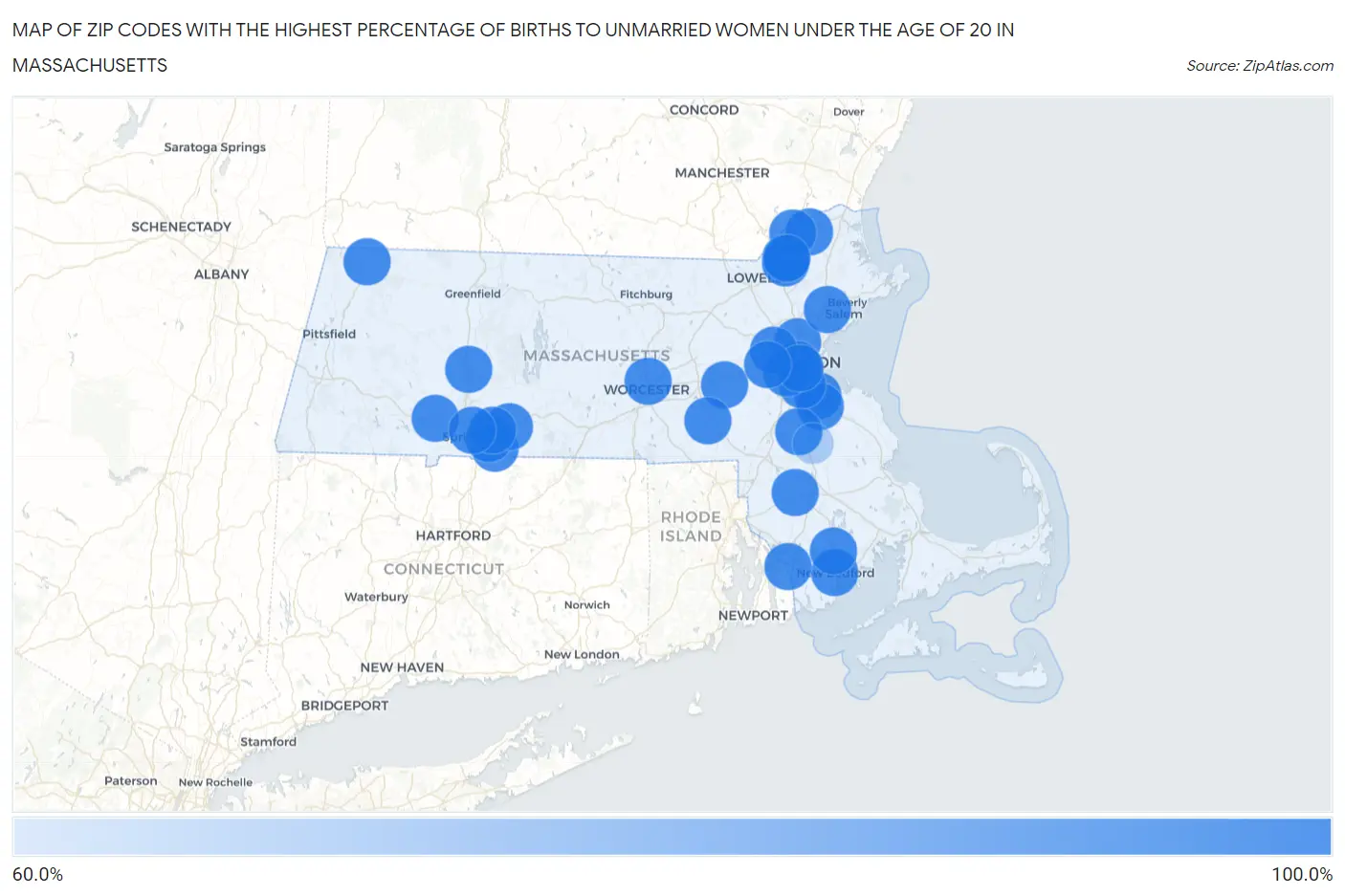 Zip Codes with the Highest Percentage of Births to Unmarried Women under the Age of 20 in Massachusetts Map