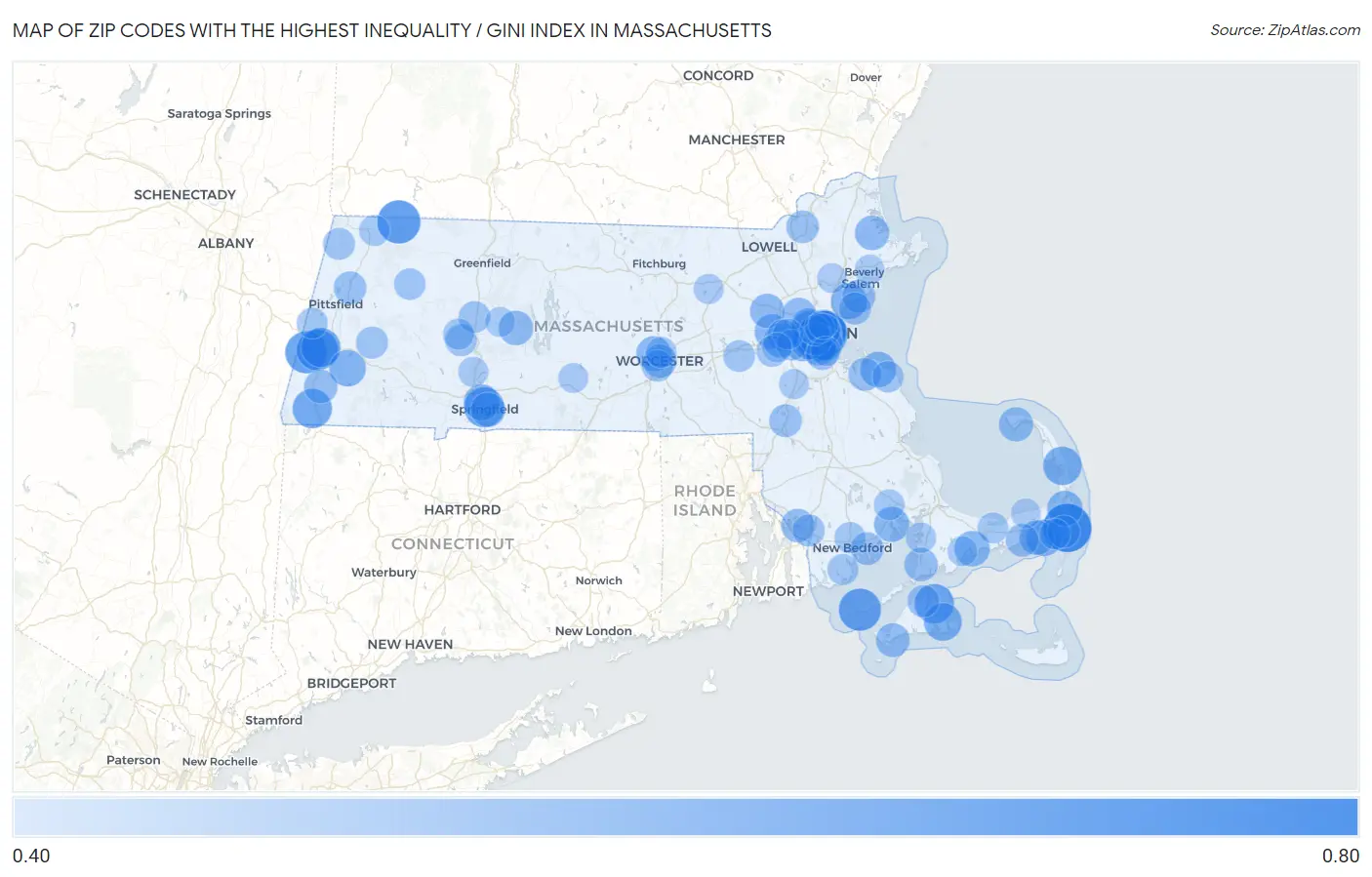 Zip Codes with the Highest Inequality / Gini Index in Massachusetts Map