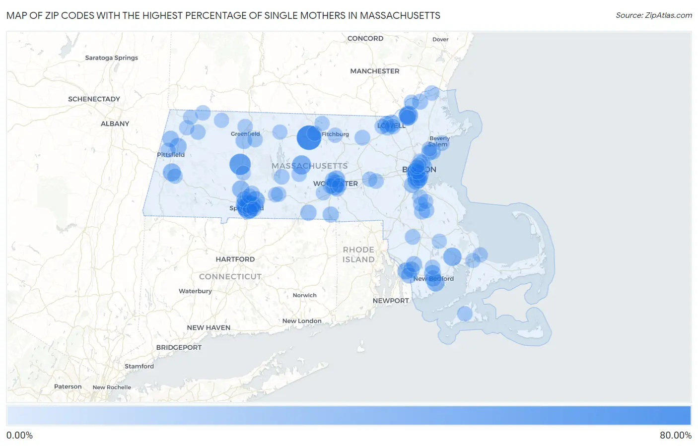Zip Codes with the Highest Percentage of Single Mothers in Massachusetts Map