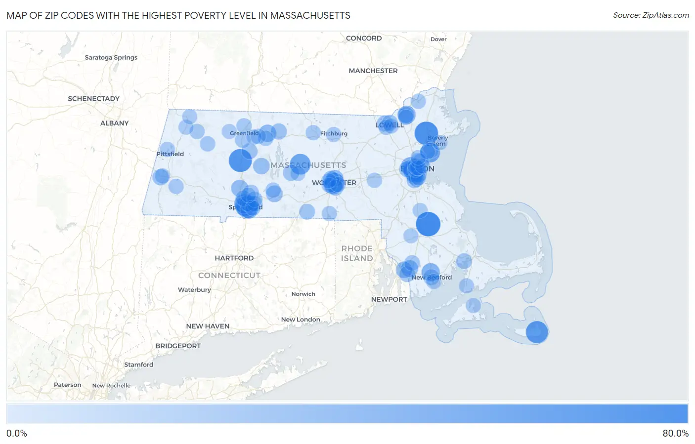 Zip Codes with the Highest Poverty Level in Massachusetts Map