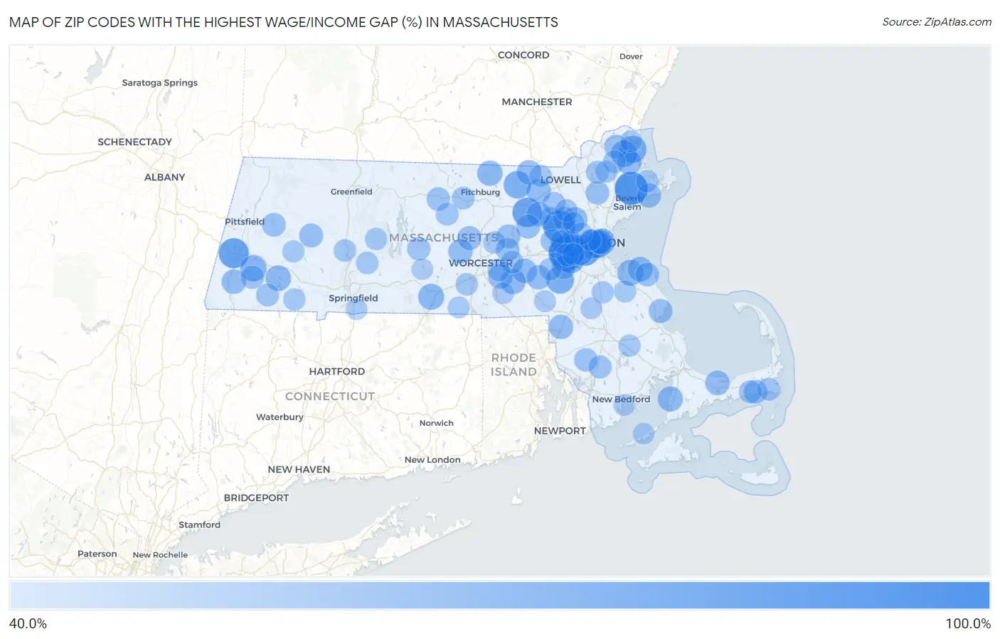 Zip Codes with the Highest Wage/Income Gap (%) in Massachusetts Map