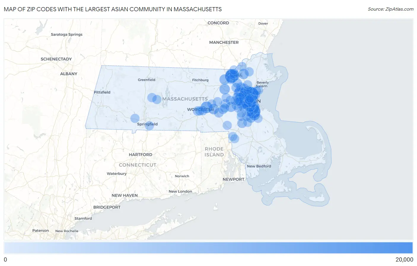 Zip Codes with the Largest Asian Community in Massachusetts Map