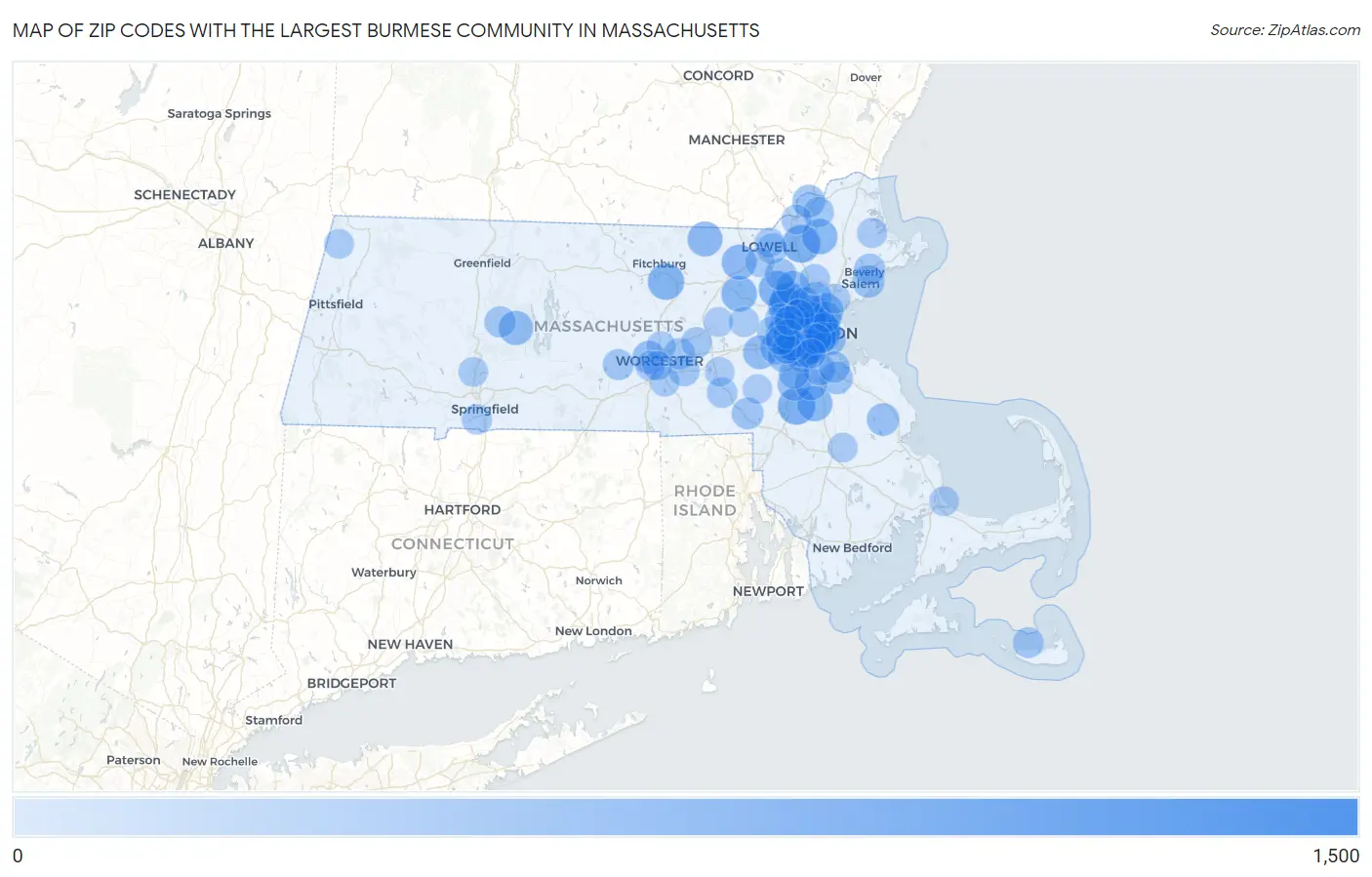 Zip Codes with the Largest Burmese Community in Massachusetts Map