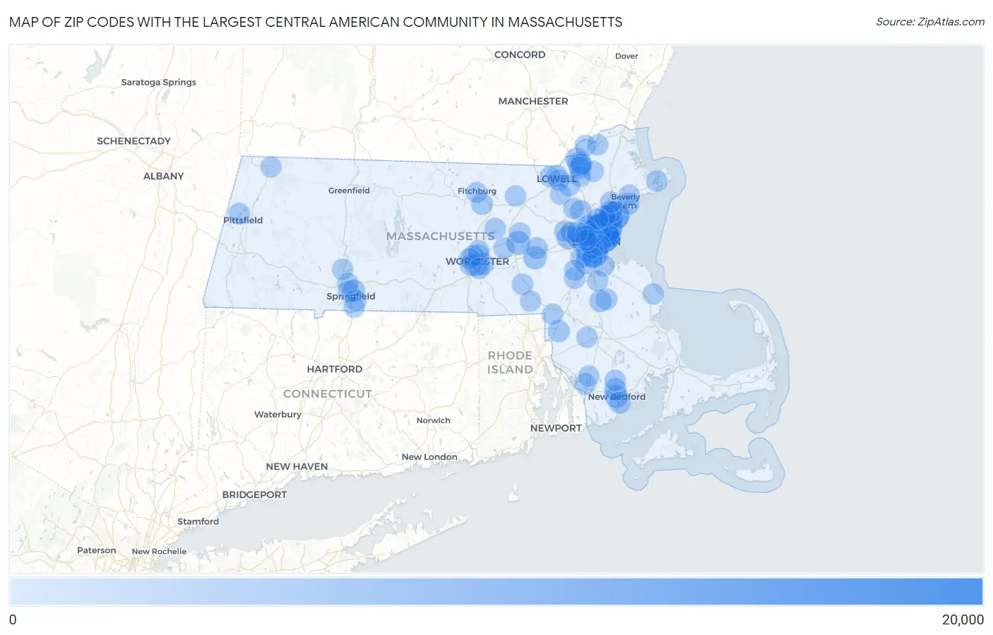 Zip Codes with the Largest Central American Community in Massachusetts Map