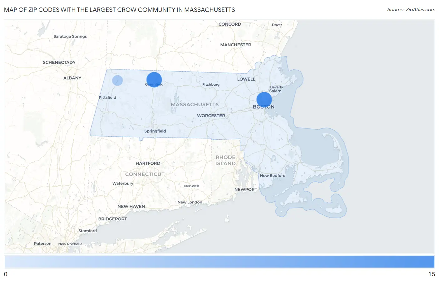 Zip Codes with the Largest Crow Community in Massachusetts Map