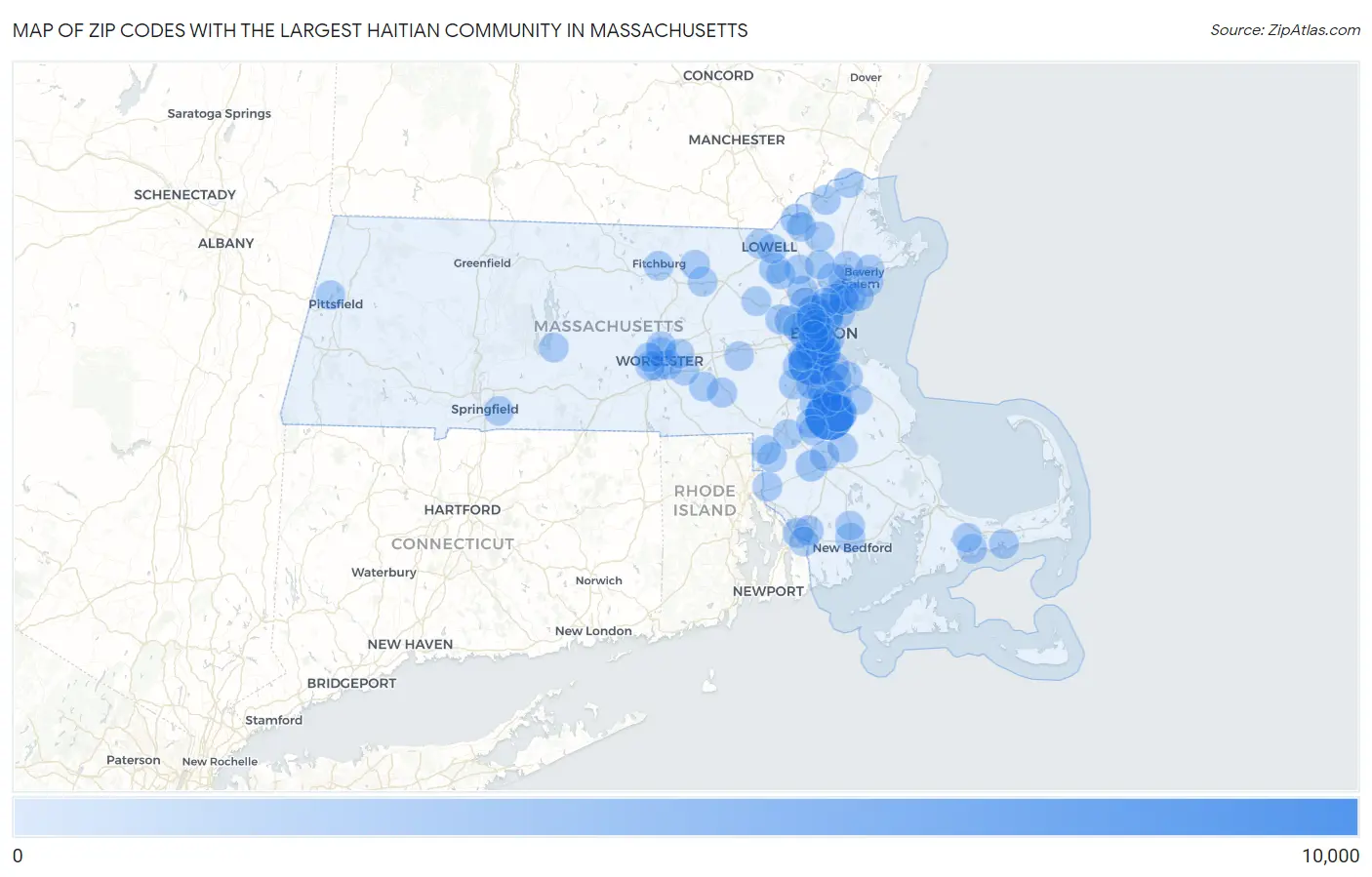 Zip Codes with the Largest Haitian Community in Massachusetts Map