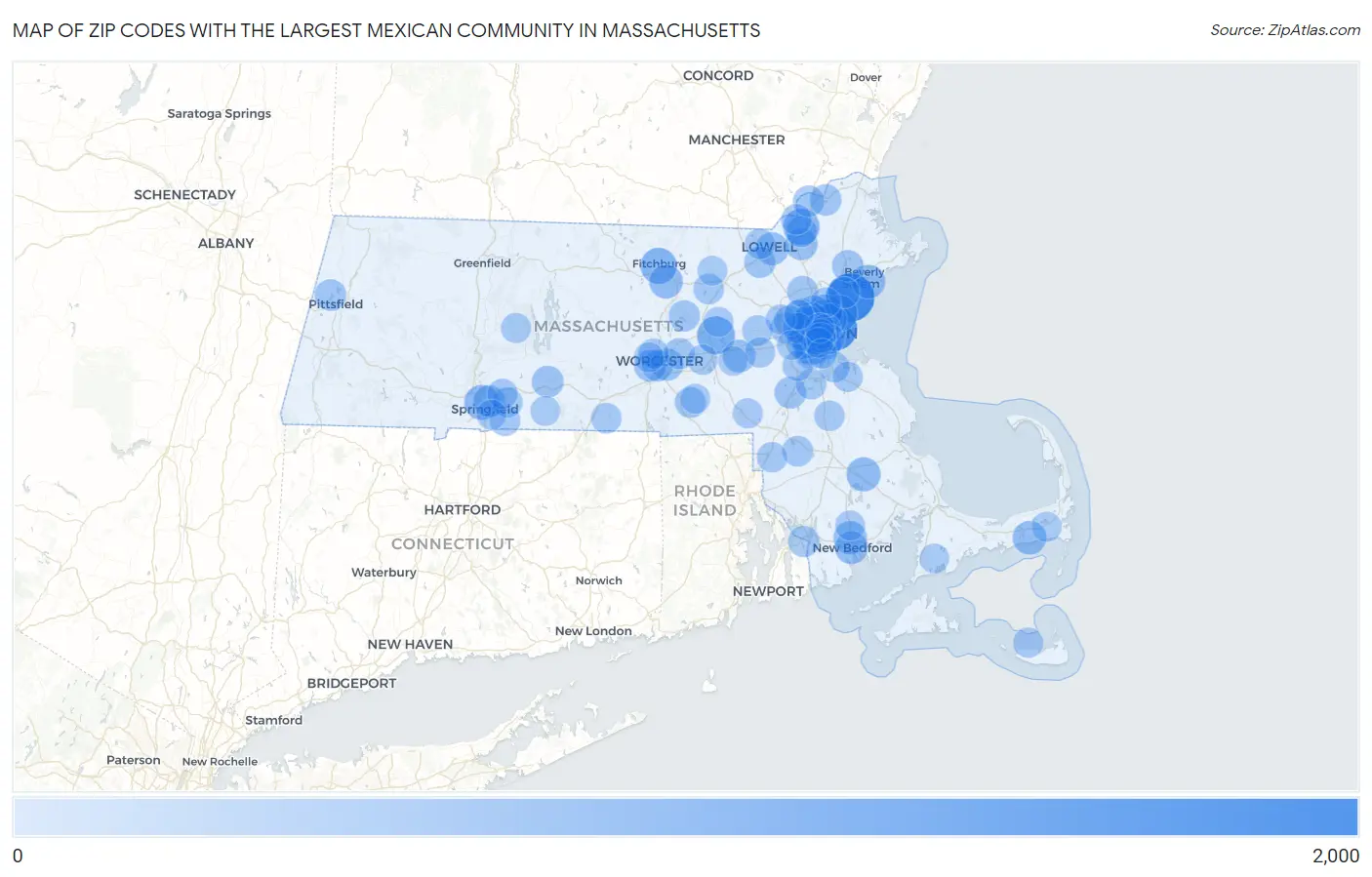 Zip Codes with the Largest Mexican Community in Massachusetts Map