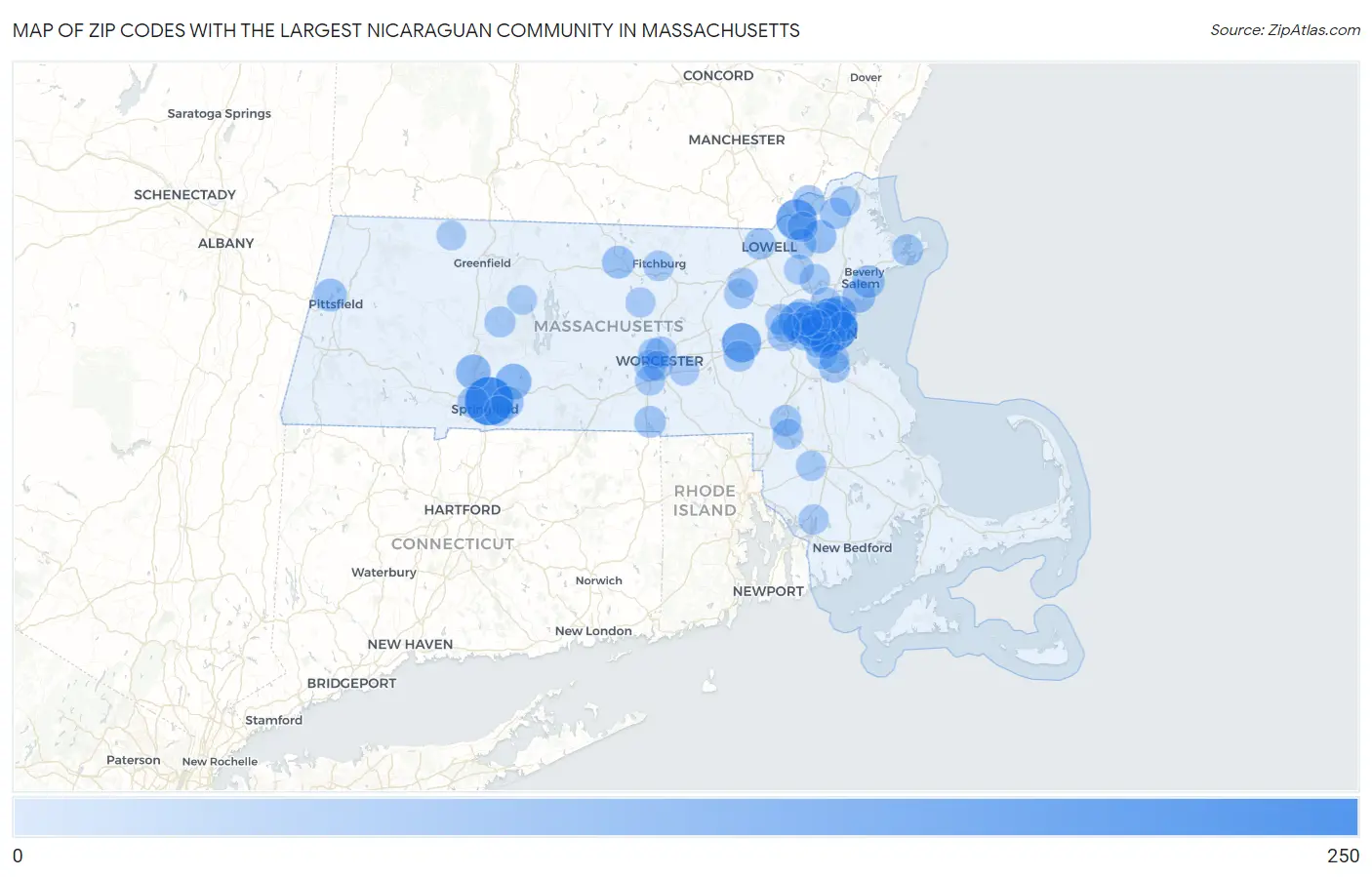 Zip Codes with the Largest Nicaraguan Community in Massachusetts Map