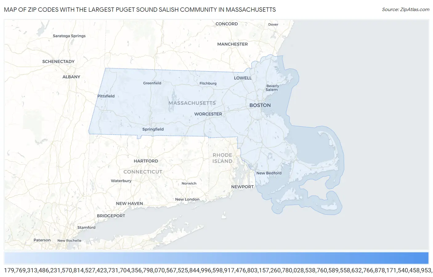 Zip Codes with the Largest Puget Sound Salish Community in Massachusetts Map