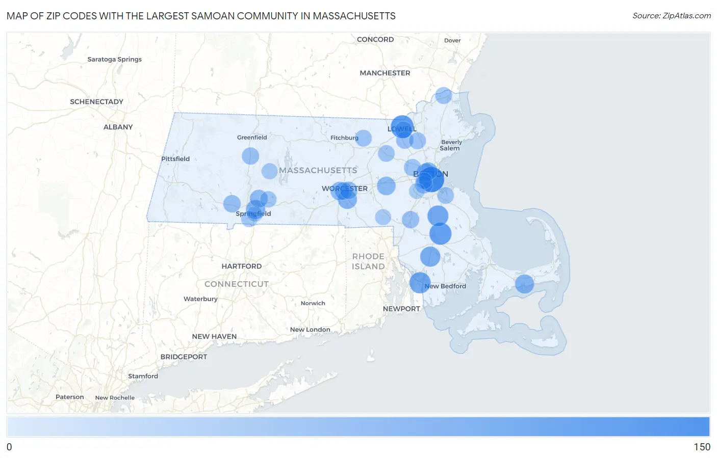 Zip Codes with the Largest Samoan Community in Massachusetts Map