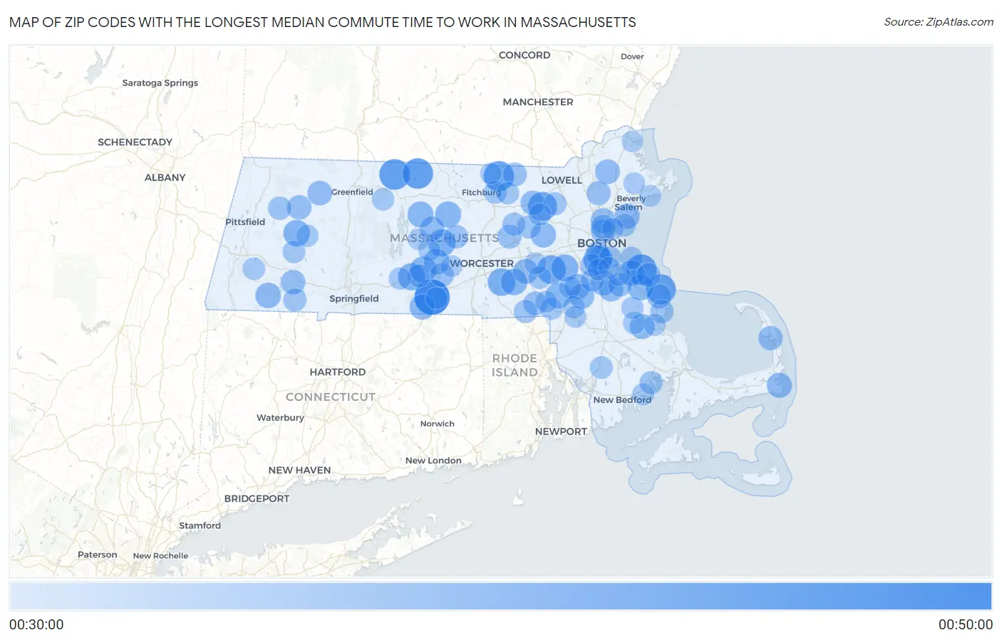 Zip Codes with the Longest Median Commute Time to Work in Massachusetts Map