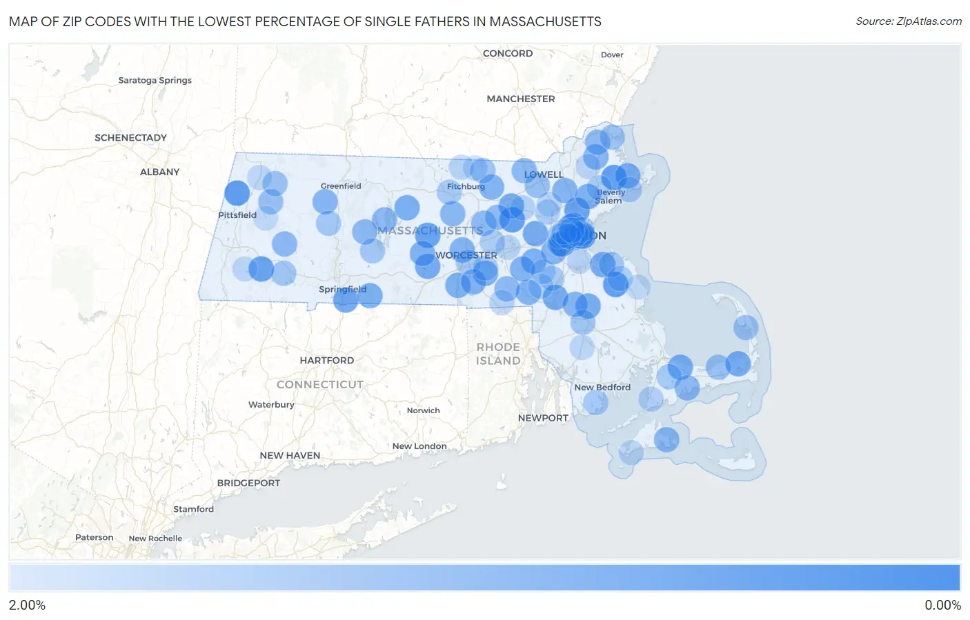 Zip Codes with the Lowest Percentage of Single Fathers in Massachusetts Map