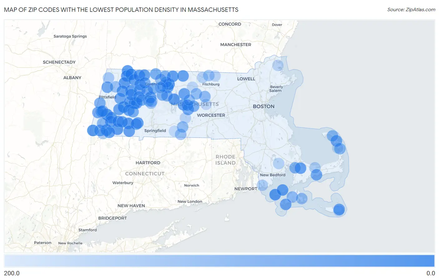 Zip Codes with the Lowest Population Density in Massachusetts Map