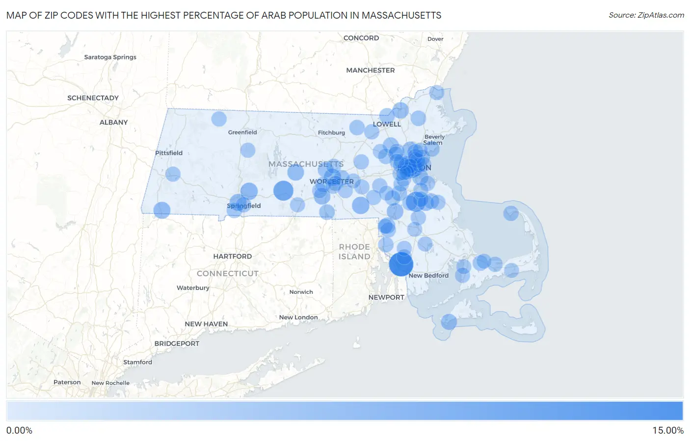 Zip Codes with the Highest Percentage of Arab Population in Massachusetts Map