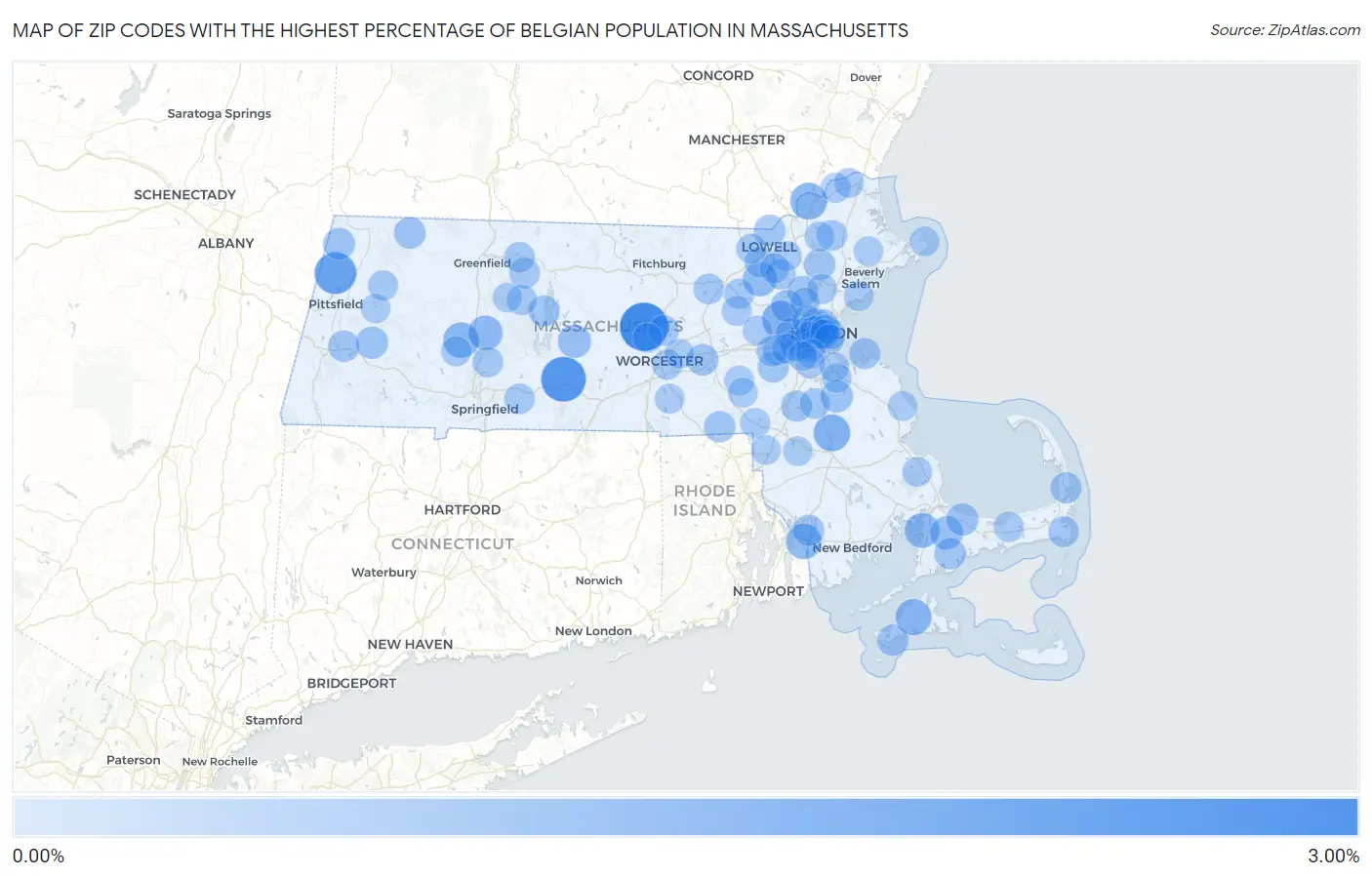 Zip Codes with the Highest Percentage of Belgian Population in Massachusetts Map