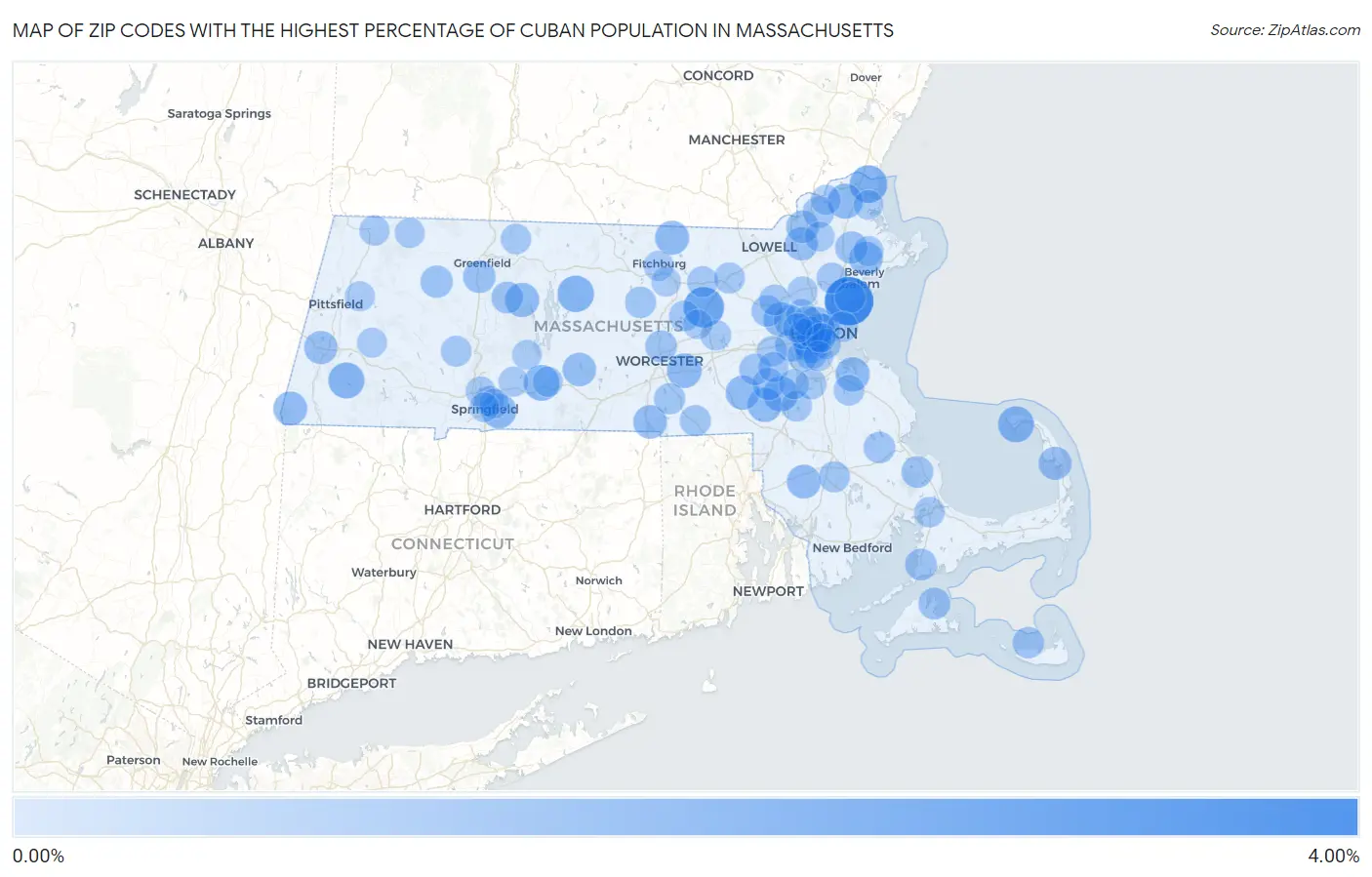 Zip Codes with the Highest Percentage of Cuban Population in Massachusetts Map