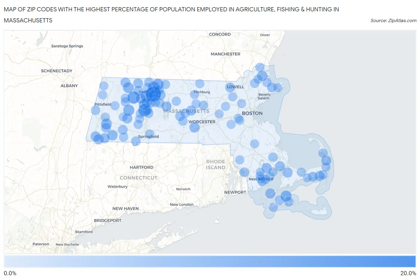 Zip Codes with the Highest Percentage of Population Employed in Agriculture, Fishing & Hunting in Massachusetts Map