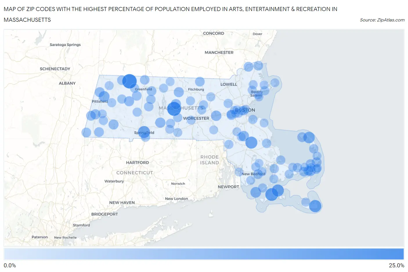 Zip Codes with the Highest Percentage of Population Employed in Arts, Entertainment & Recreation in Massachusetts Map