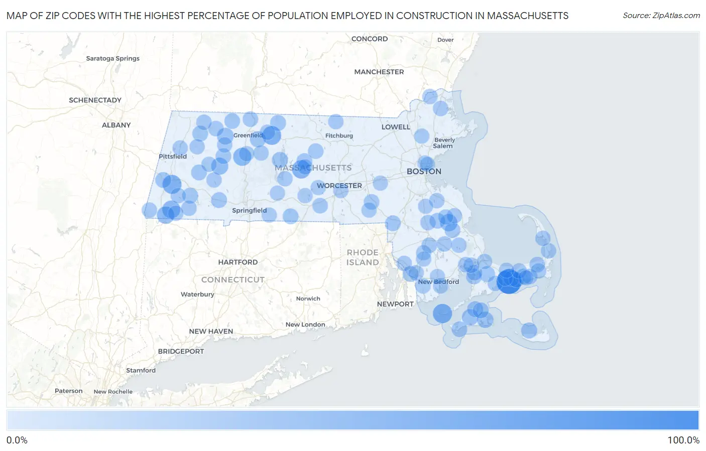Zip Codes with the Highest Percentage of Population Employed in Construction in Massachusetts Map