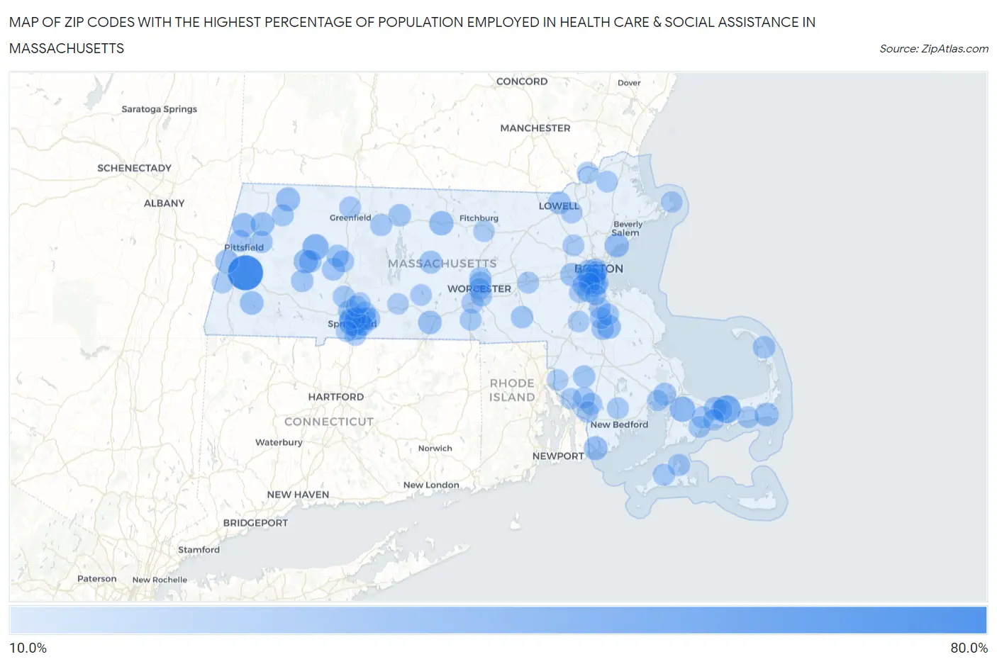 Zip Codes with the Highest Percentage of Population Employed in Health Care & Social Assistance in Massachusetts Map