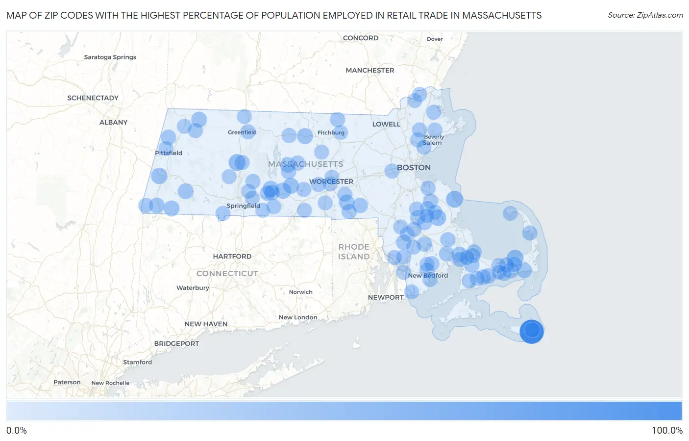 Zip Codes with the Highest Percentage of Population Employed in Retail Trade in Massachusetts Map