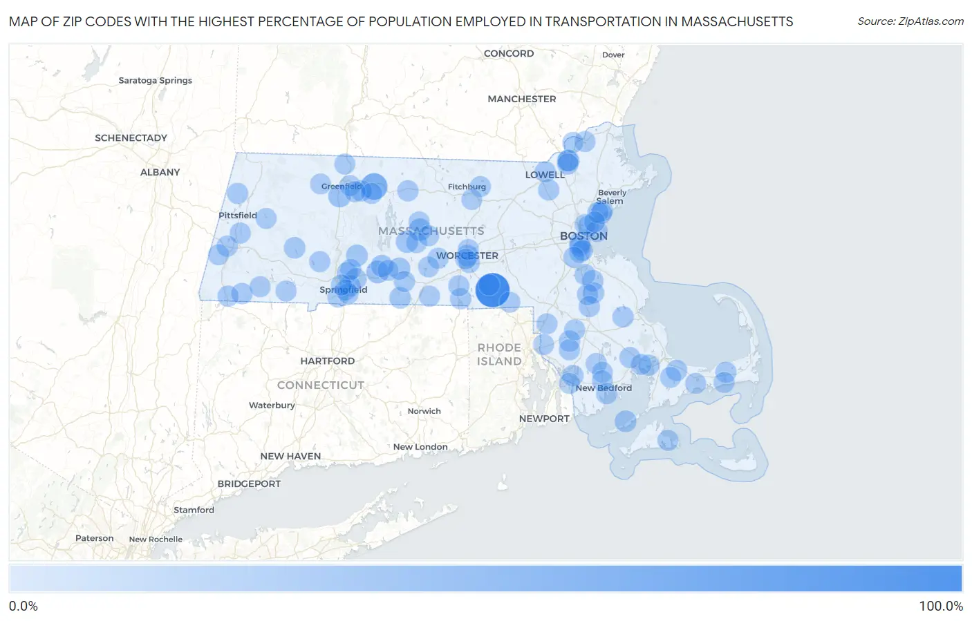 Zip Codes with the Highest Percentage of Population Employed in Transportation in Massachusetts Map