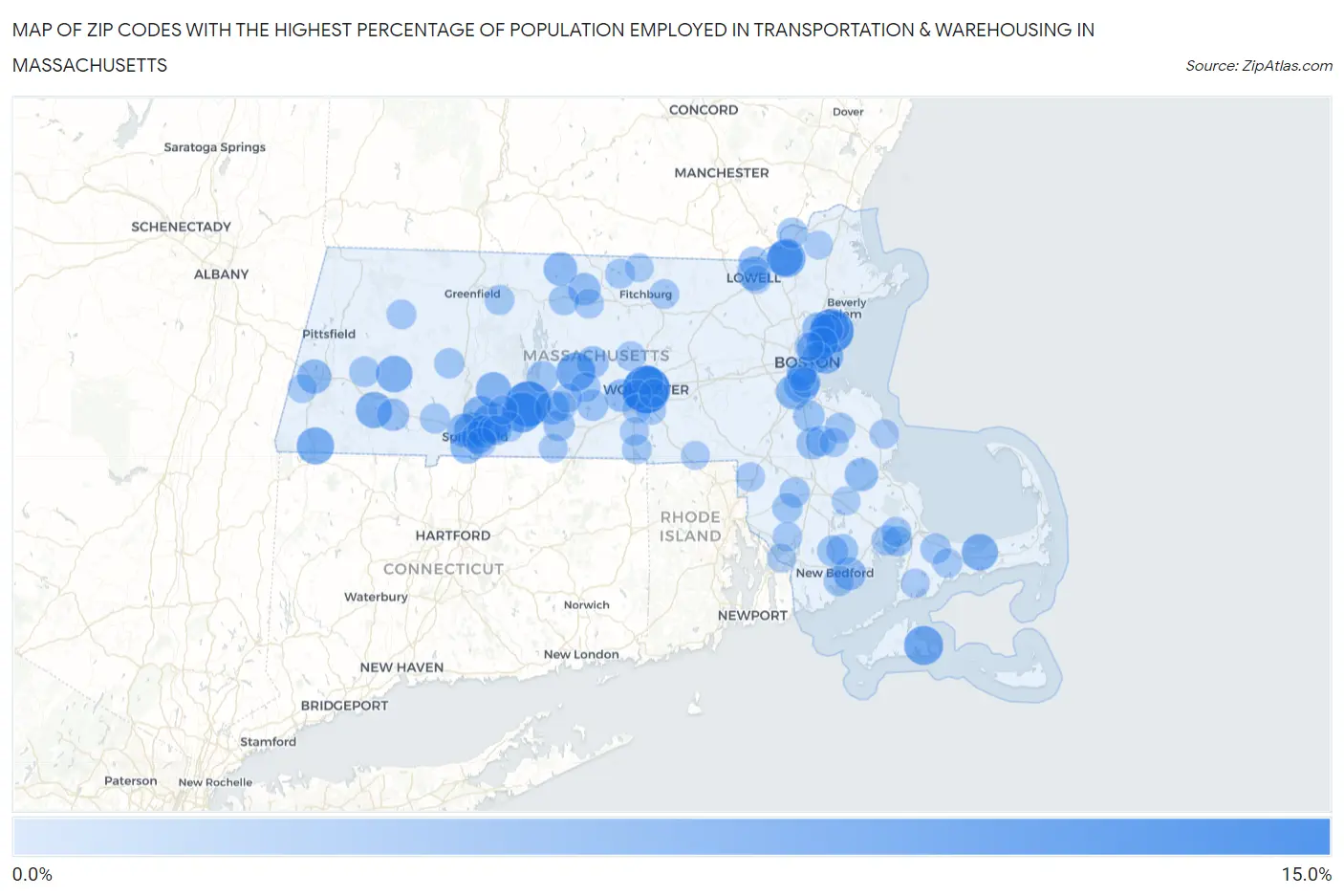 Zip Codes with the Highest Percentage of Population Employed in Transportation & Warehousing in Massachusetts Map