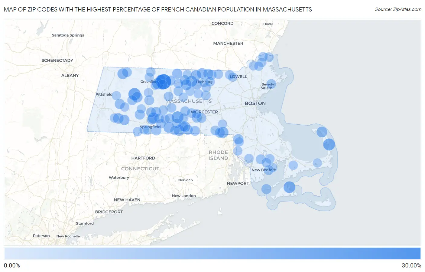 Zip Codes with the Highest Percentage of French Canadian Population in Massachusetts Map