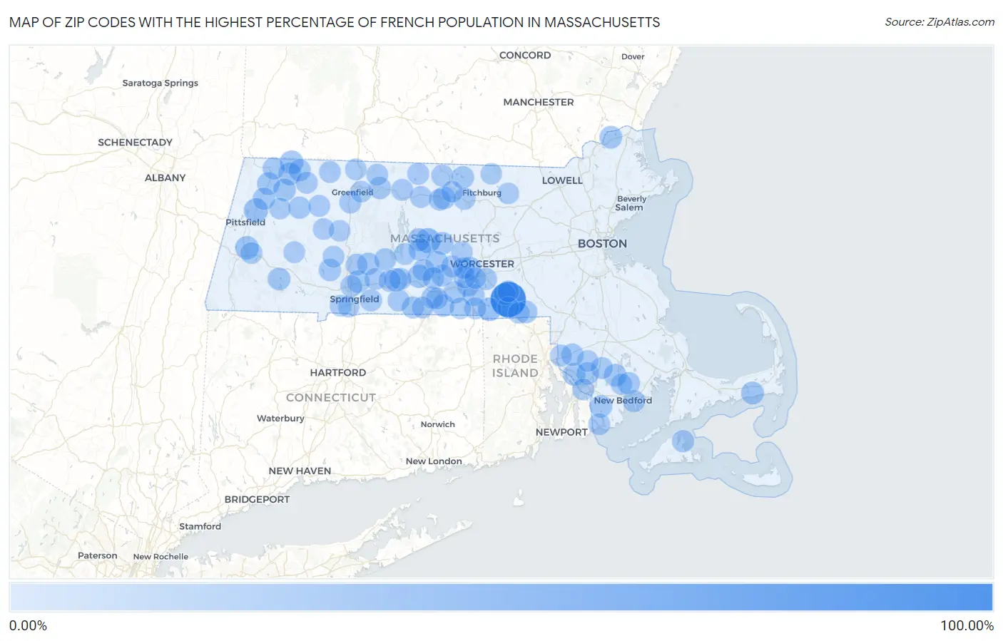Zip Codes with the Highest Percentage of French Population in Massachusetts Map