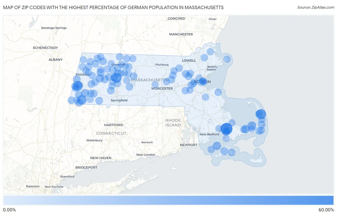 Zip Codes with the Highest Percentage of German Population in Massachusetts Map