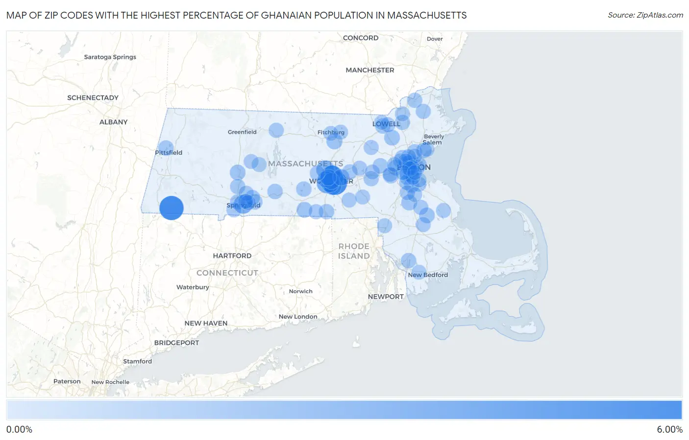 Zip Codes with the Highest Percentage of Ghanaian Population in Massachusetts Map
