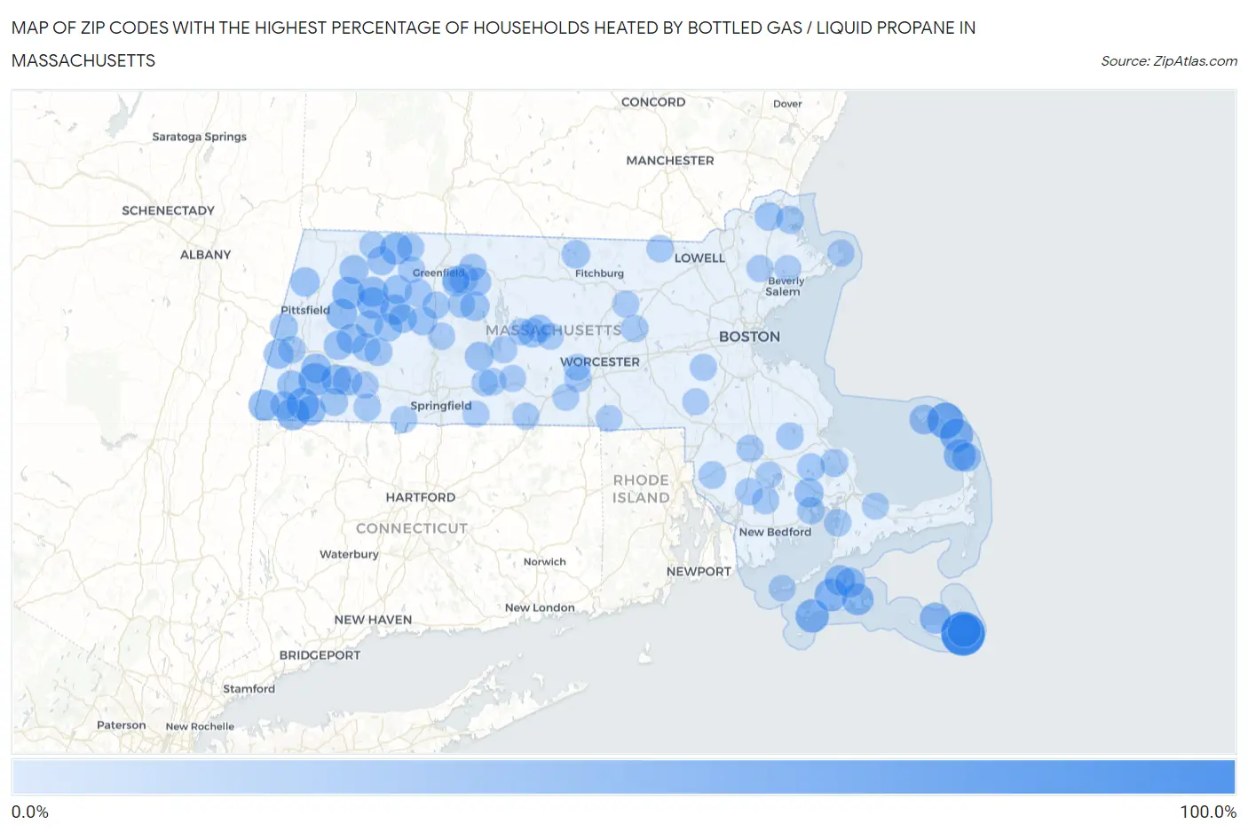 Zip Codes with the Highest Percentage of Households Heated by Bottled Gas / Liquid Propane in Massachusetts Map