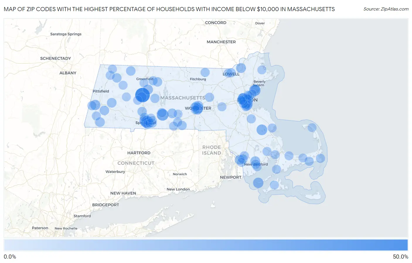 Zip Codes with the Highest Percentage of Households with Income Below $10,000 in Massachusetts Map