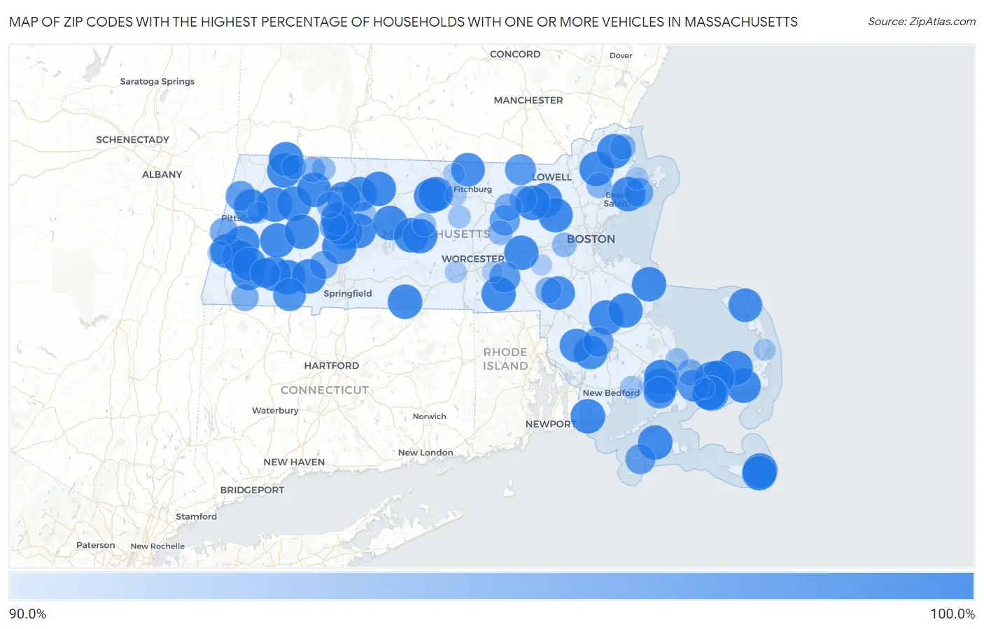 Zip Codes with the Highest Percentage of Households With One or more Vehicles in Massachusetts Map