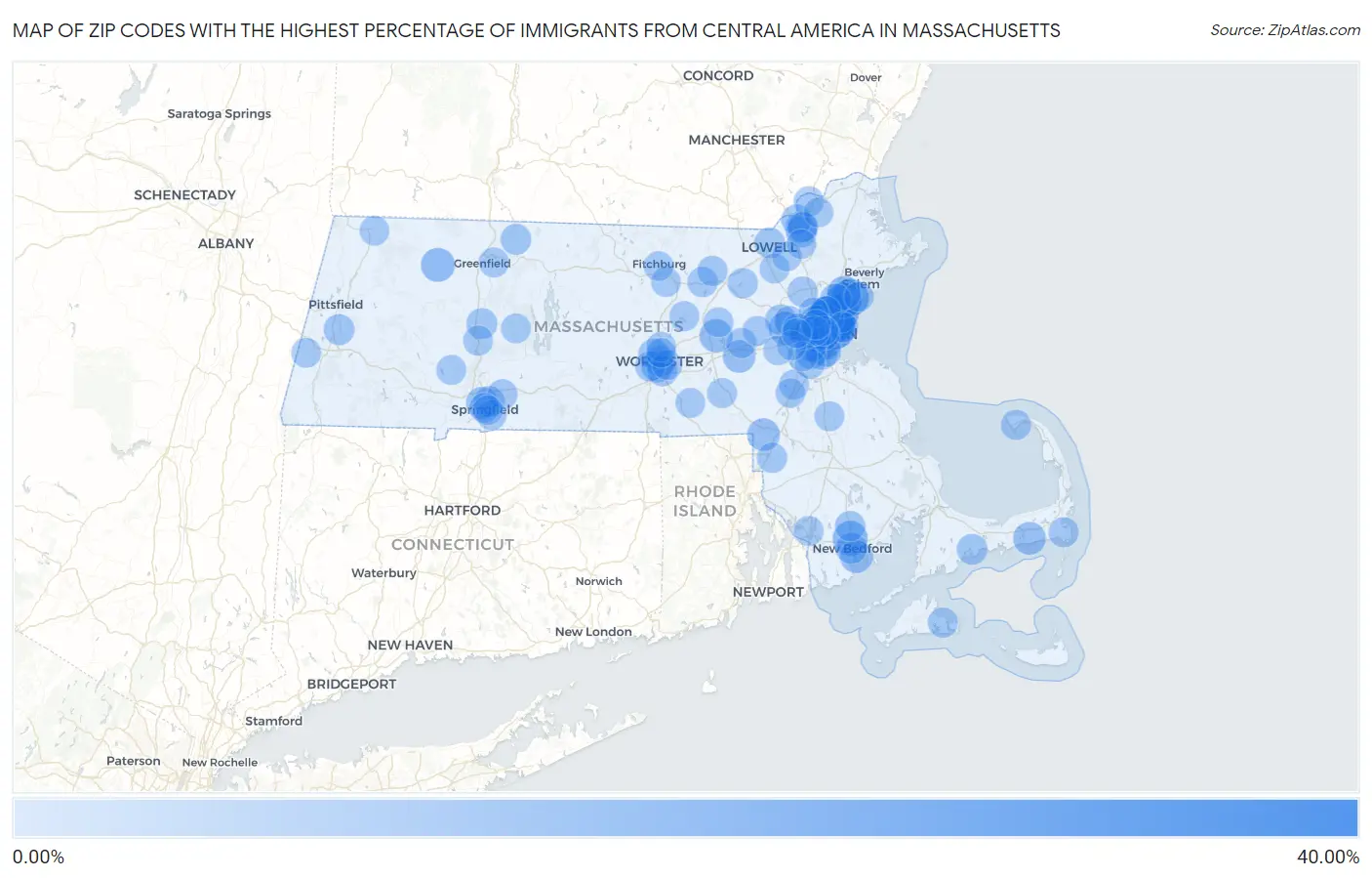 Zip Codes with the Highest Percentage of Immigrants from Central America in Massachusetts Map