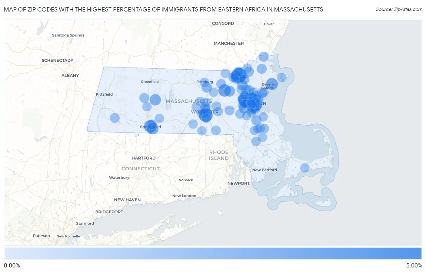 Zip Codes with the Highest Percentage of Immigrants from Eastern Africa in Massachusetts Map