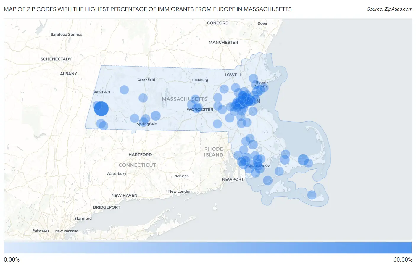 Zip Codes with the Highest Percentage of Immigrants from Europe in Massachusetts Map