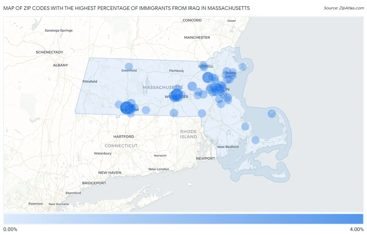 Zip Codes with the Highest Percentage of Immigrants from Iraq in Massachusetts Map