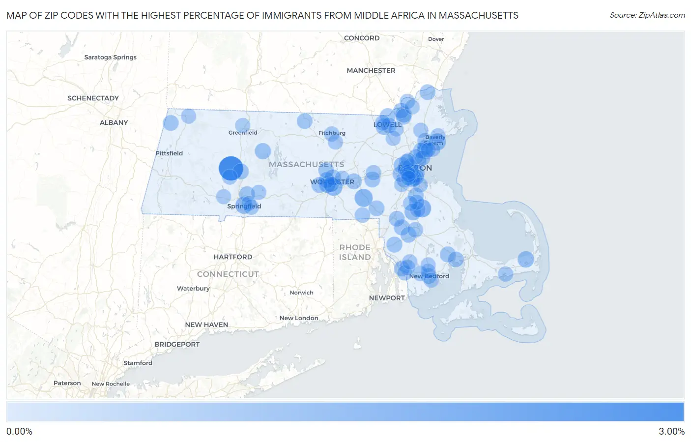 Zip Codes with the Highest Percentage of Immigrants from Middle Africa in Massachusetts Map