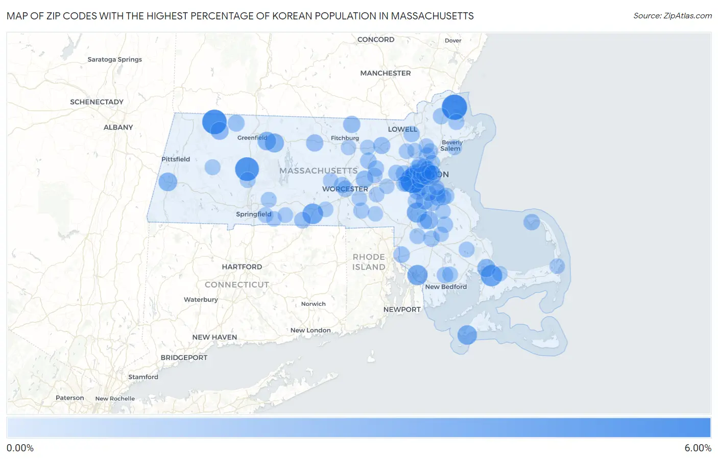 Zip Codes with the Highest Percentage of Korean Population in Massachusetts Map