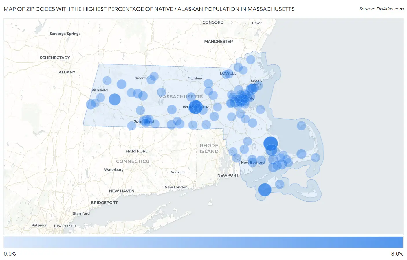 Zip Codes with the Highest Percentage of Native / Alaskan Population in Massachusetts Map