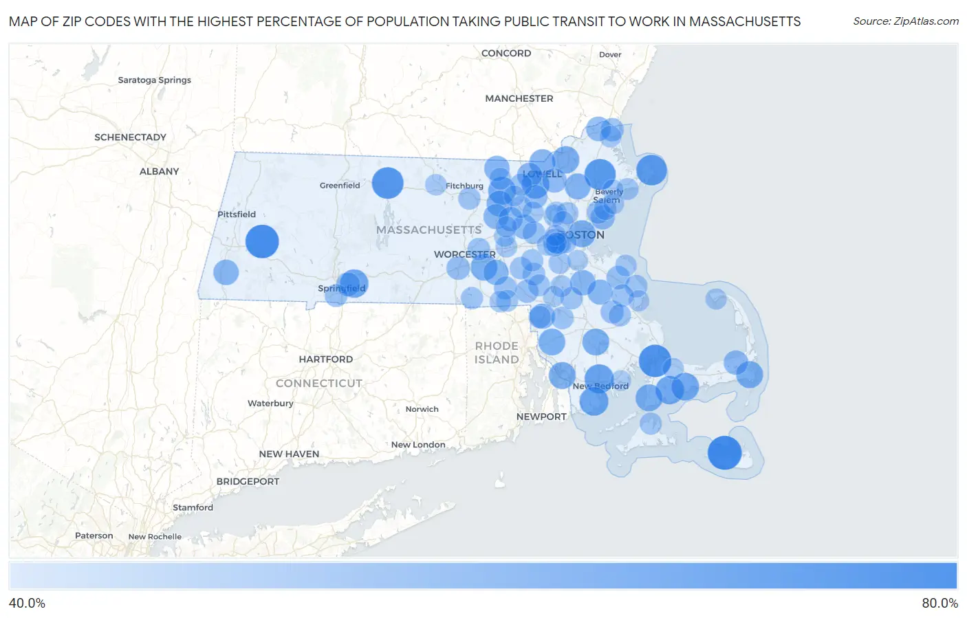 Zip Codes with the Highest Percentage of Population Taking Public Transit to Work in Massachusetts Map