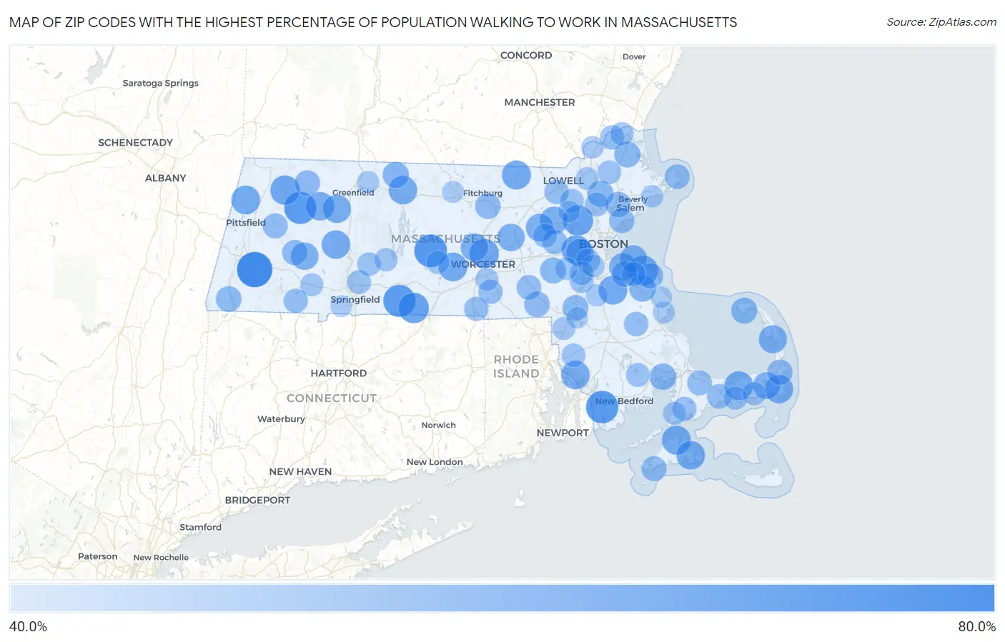 Zip Codes with the Highest Percentage of Population Walking to Work in Massachusetts Map