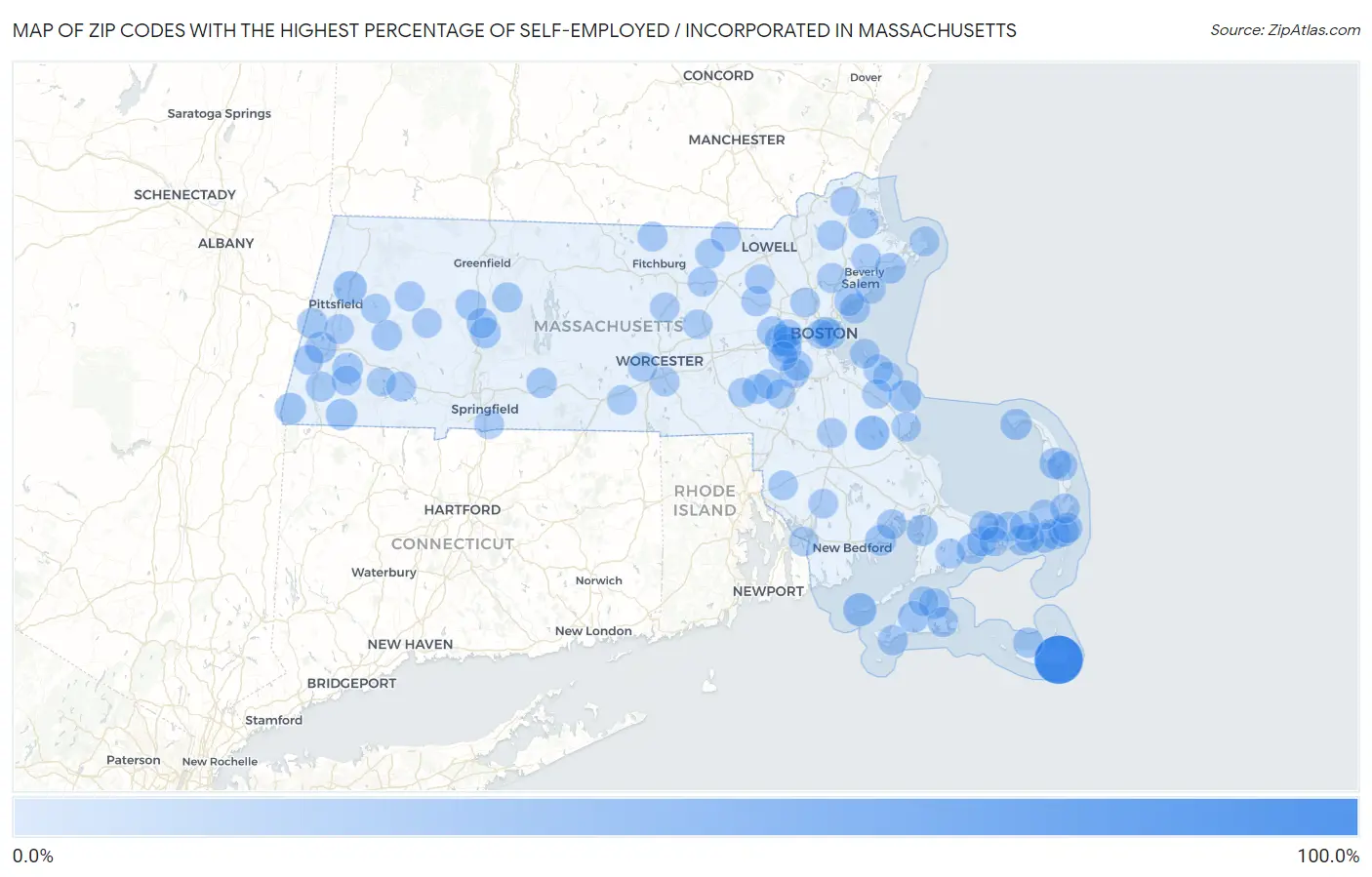 Zip Codes with the Highest Percentage of Self-Employed / Incorporated in Massachusetts Map