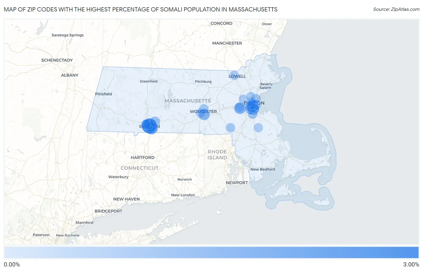 Zip Codes with the Highest Percentage of Somali Population in Massachusetts Map