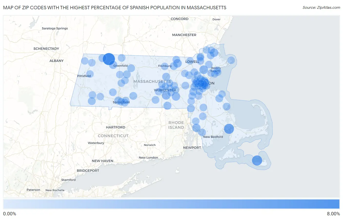 Zip Codes with the Highest Percentage of Spanish Population in Massachusetts Map