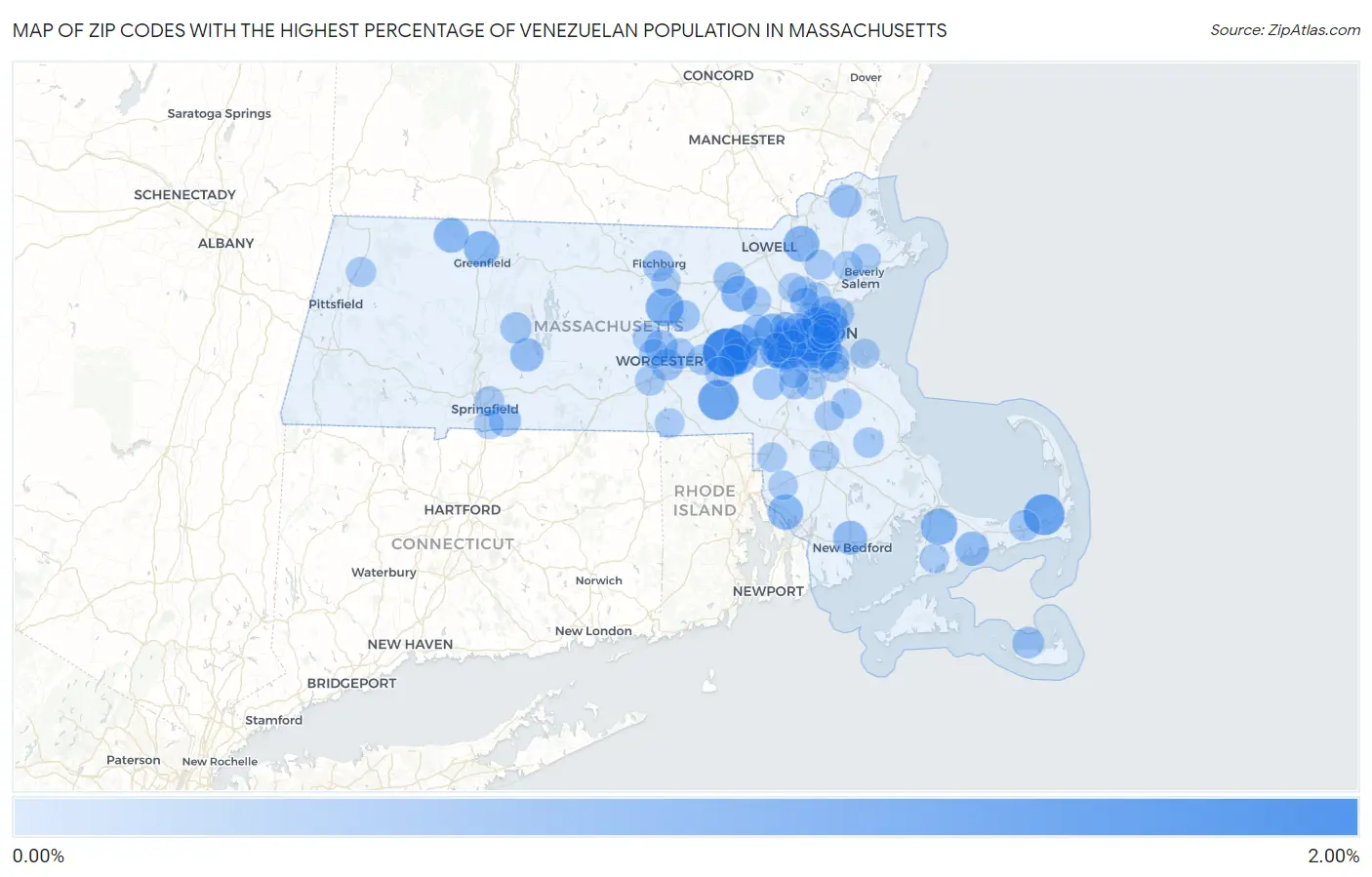 Zip Codes with the Highest Percentage of Venezuelan Population in Massachusetts Map